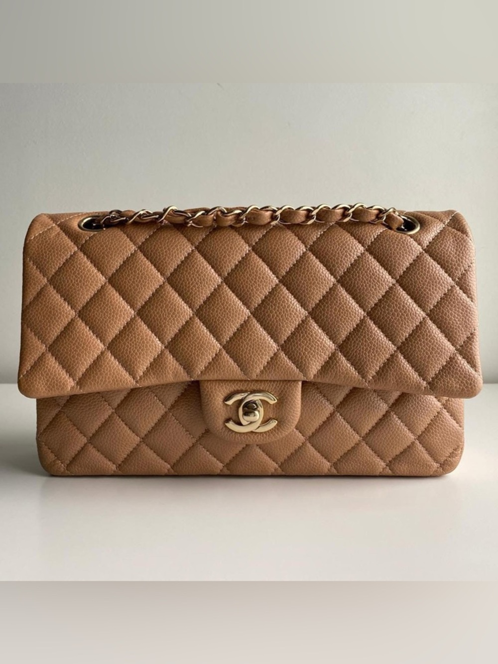 CHANEL Quilted Shoulder Bag in Camel Brown with Gold Hardware